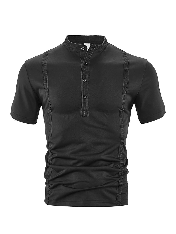 Men's short sleeve stand collar shirt with concealed button placket, decorative piping and fitted silhouette StylebySassy