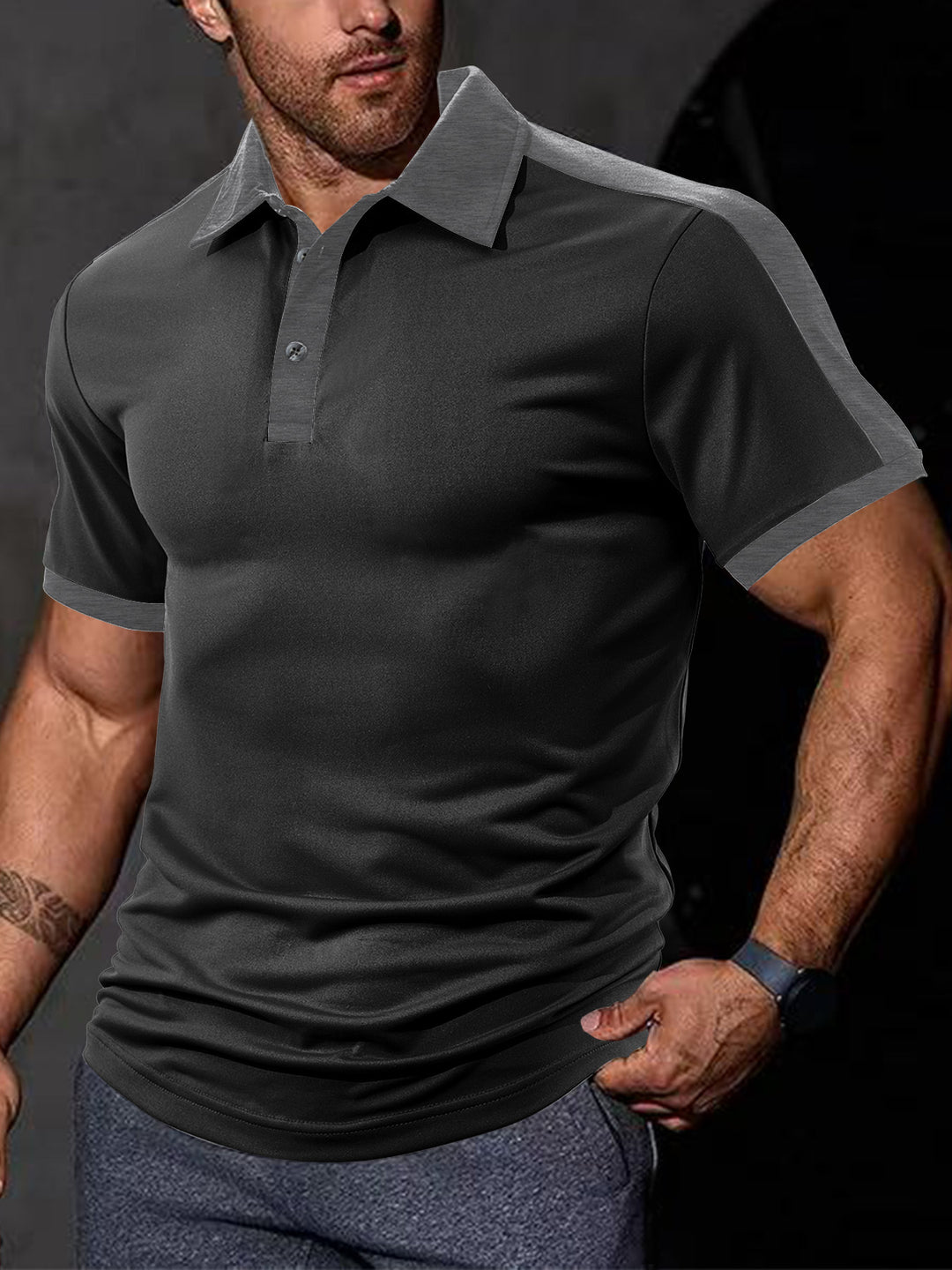 Men's fitted contrast polo shirt with shoulder yoke and shirt collar StylebySassy
