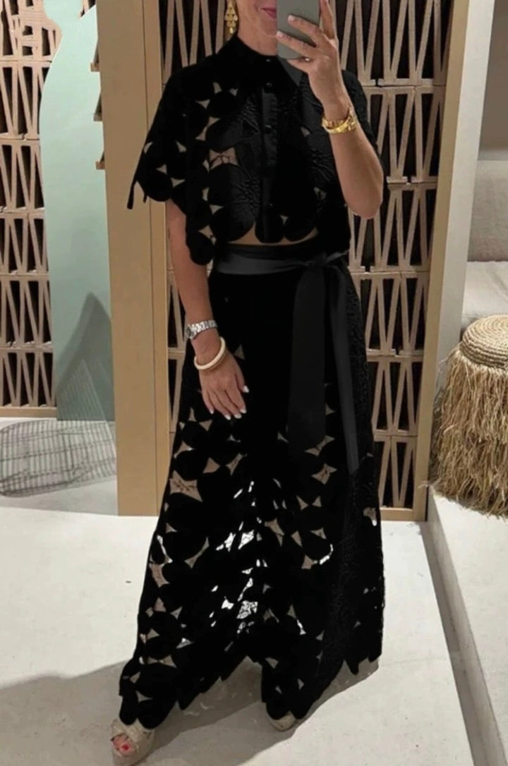 Ladies two-piece lace ensemble with crop top and wide palazzo pants StylebySassy