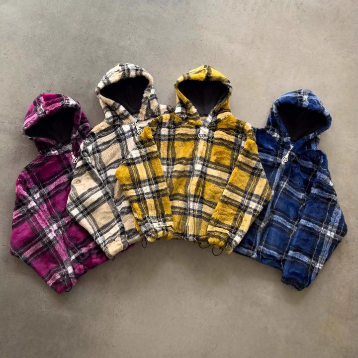 Unisex non-padded plaid fleece bomber jacket with hood drawstring and zippered pockets StylebySassy
