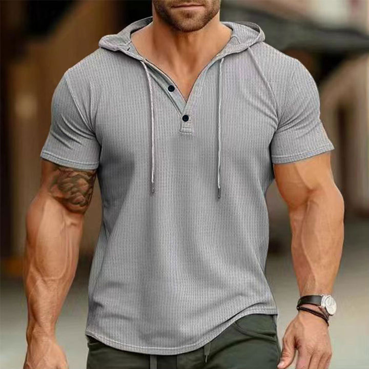 Men's short sleeve hooded polo with three-button placket and fine structured jersey StylebySassy