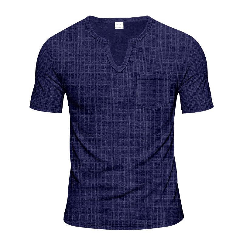 Men's short-sleeved shirt with slit V-neck structured linen look and patch chest pocket StylebySassy