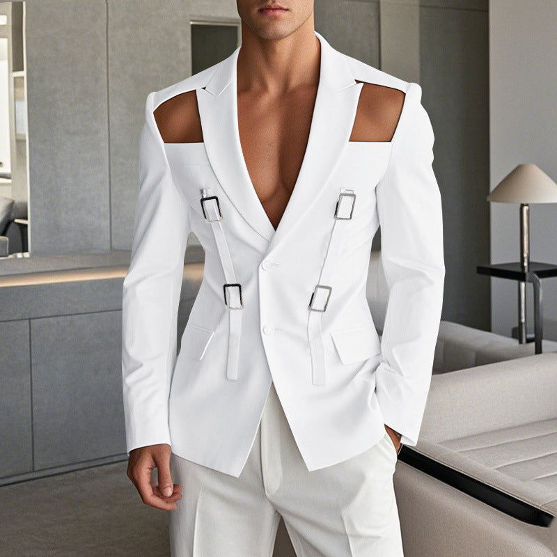 Men's avant-garde blazer with shoulder cutouts and buckle straps StylebySassy