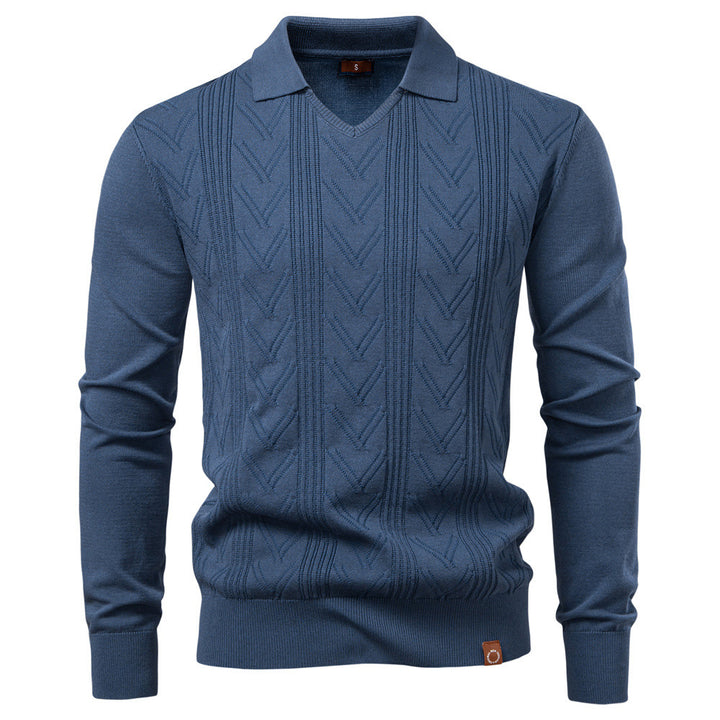 Men's fine knit polo sweater with V-neck, zigzag pattern and Kent collar StylebySassy