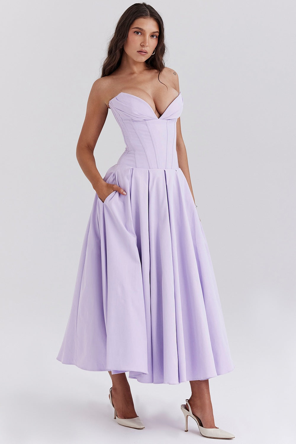Women's strapless corset midi dress with pre-shaped bodice construction and flared circle skirt StylebySassy