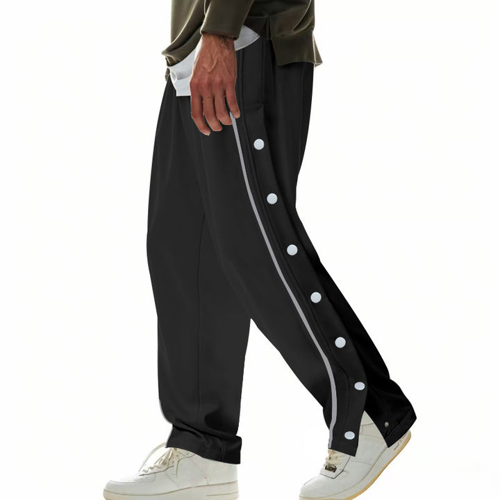 Men's wide training pants with side snap button placket, contrast stripes, elastic waistband, and straight leg StylebySassy