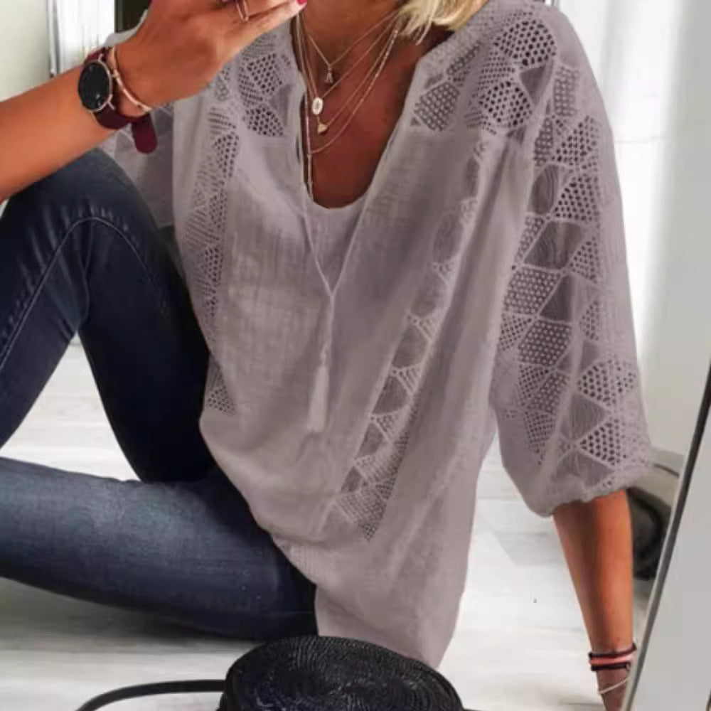Women's airy blouse with deep neckline, lace inserts and balloon sleeves StylebySassy