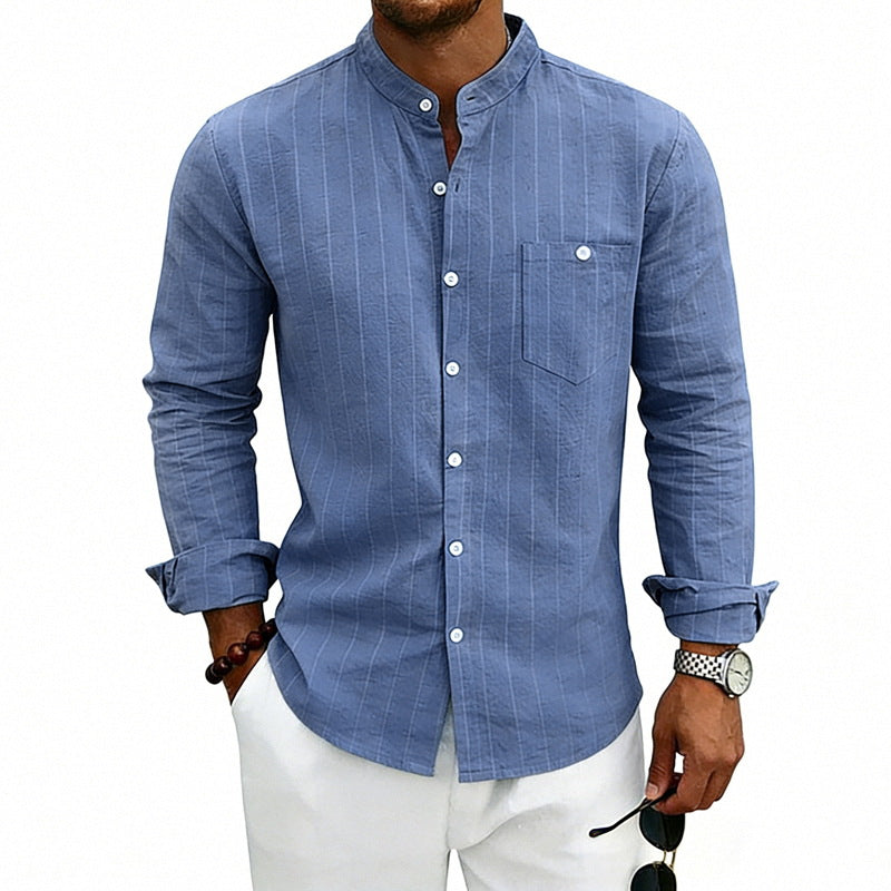 Men's breathable pinstripe long-sleeve shirt with stand collar, chest pocket, and rounded hem StylebySassy