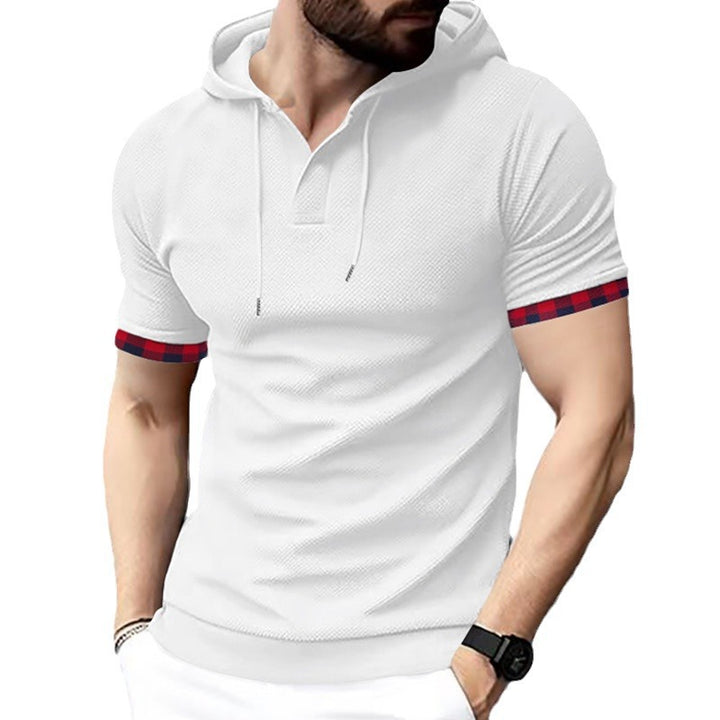 Men's fitted short sleeve hooded polo shirt with Henley placket and drawstring StylebySassy