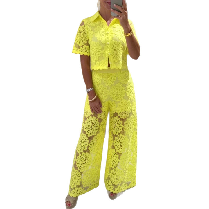 Women's elegant lace combination with short-sleeved blouse, scalloped hem, and tailored palazzo pants with tie belt StylebySassy