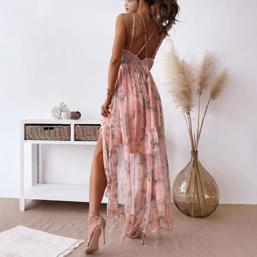 Women's romantic chiffon maxi dress with double spaghetti straps, under-bust gathering, multi-layered ruffled skirt, and side leg slit StylebySassy