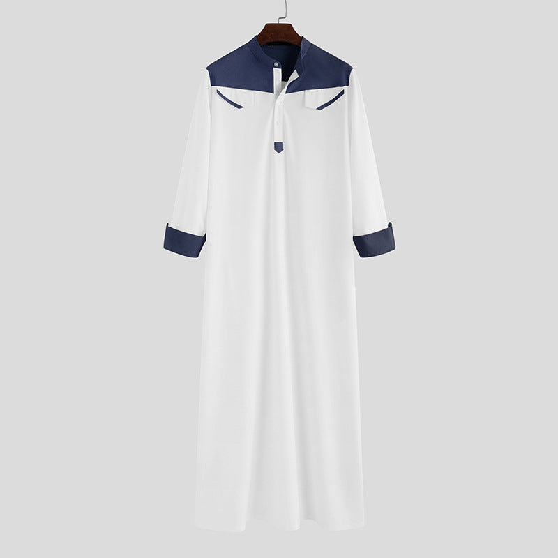Men's long thobe with contrasting shoulder yoke, stand collar, and side pockets StylebySassy