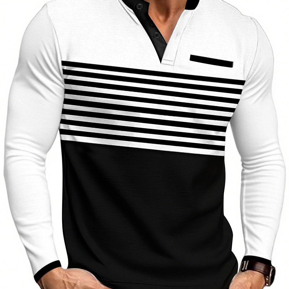 Men's modern long sleeve polo with Henley placket striped chest part and stand-up collar StylebySassy