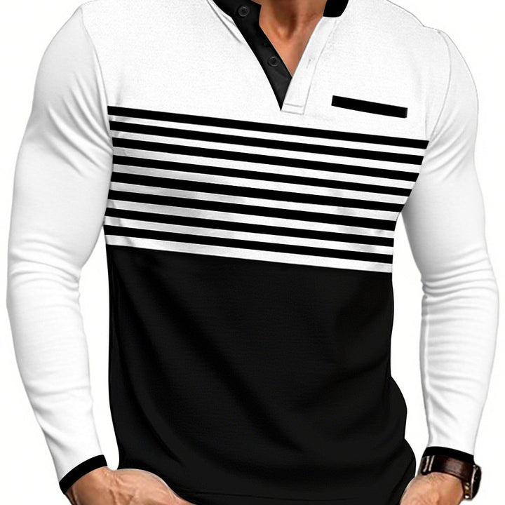 Men's modern long sleeve polo with Henley placket striped chest part and stand-up collar StylebySassy