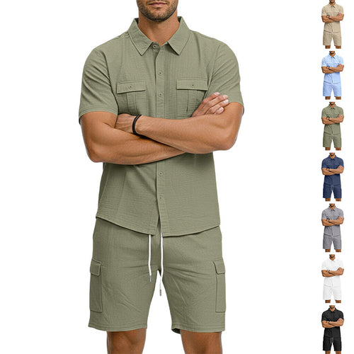 Men's summer short-sleeve shirt and cargo bermuda set made of linen blend with chest pockets and drawstring waistband StylebySassy