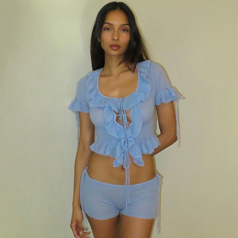 Women's Short Sleeve Lace Top with Ruffles