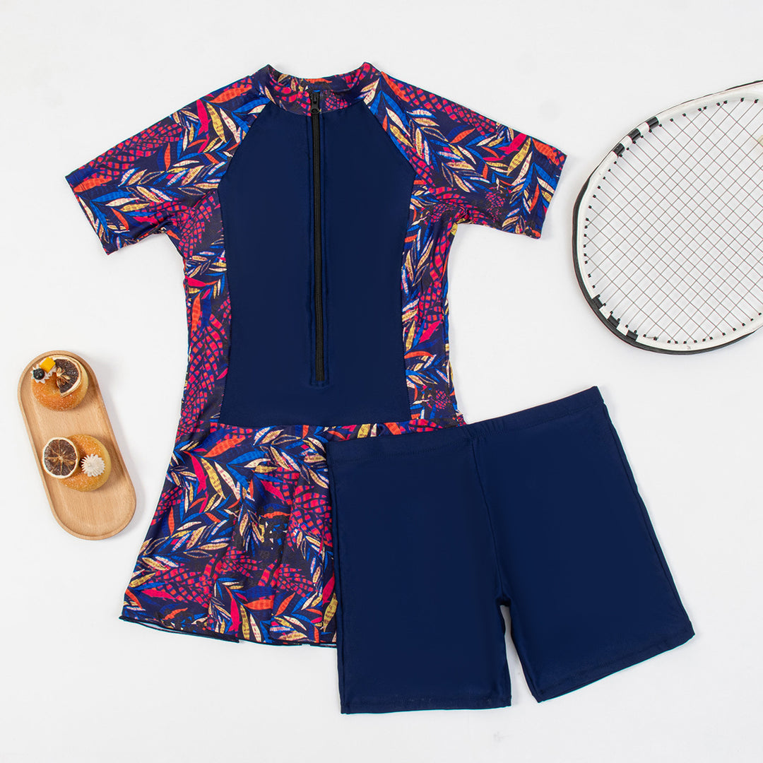Women's sporty swimsuit one-piece with stylish skirt and zipper StylebySassy