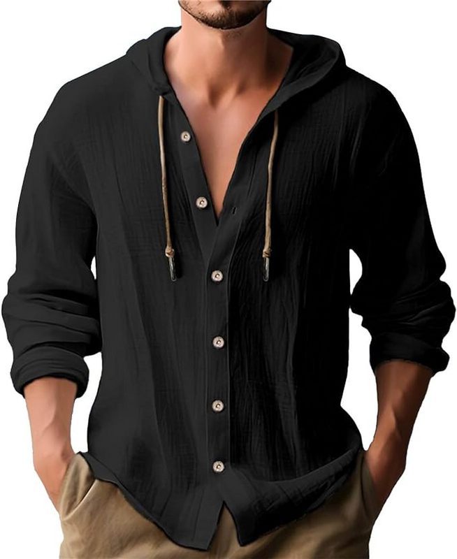 Men's crinkled short-sleeve hooded shirt made of cotton with button placket and drawstring StylebySassy