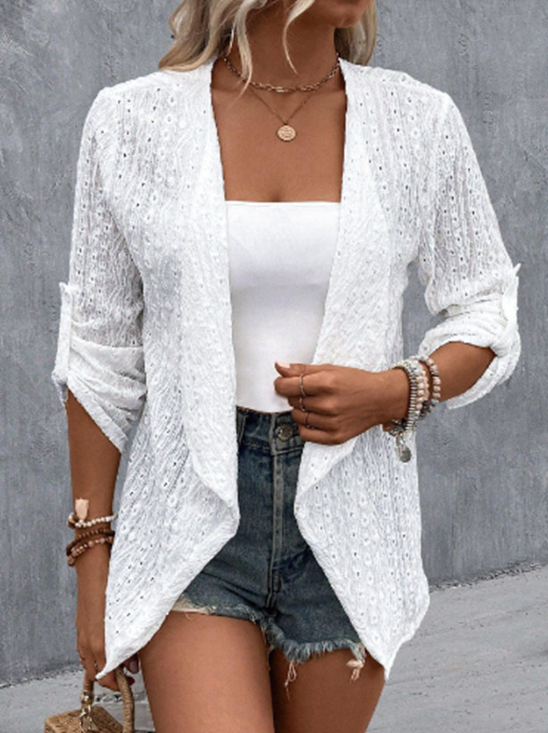 Women's light openwork knit blazer with waterfall front and roll-up sleeves StylebySassy