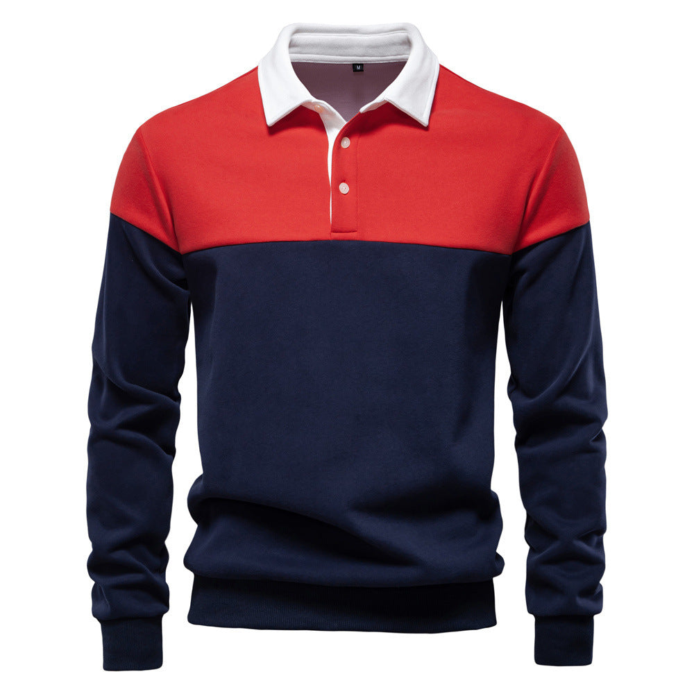 Men's sporty-elegant long-sleeve polo in rugby style with contrasting collar and wide chest panel StylebySassy