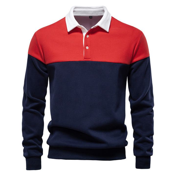 Men's sporty-elegant long-sleeve polo in rugby style with contrasting collar and wide chest panel StylebySassy