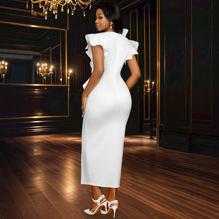 Women's Elegant Midi Dress with Asymmetrical Ruffle Design and Floral Accent StylebySassy