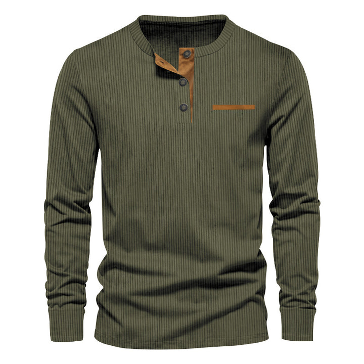 Men's long sleeve Henley with fine rib structure, slim silhouette, and chest piping StylebySassy
