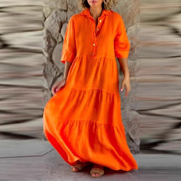 Women's long shirt dress with gathered waist seam, three-quarter sleeves and tiered flounce skirt StylebySassy