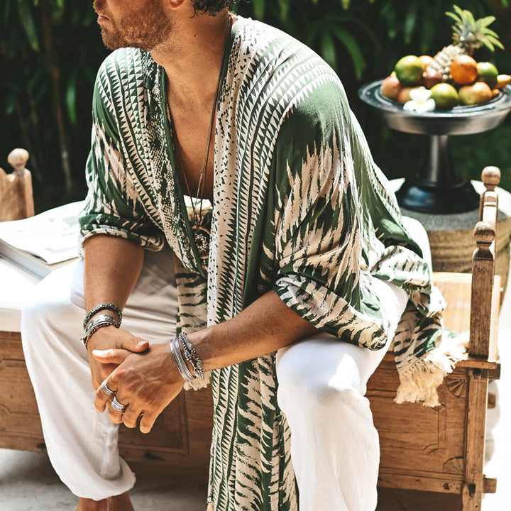 Men's lightweight beach poncho in kimono style with fringe StylebySassy