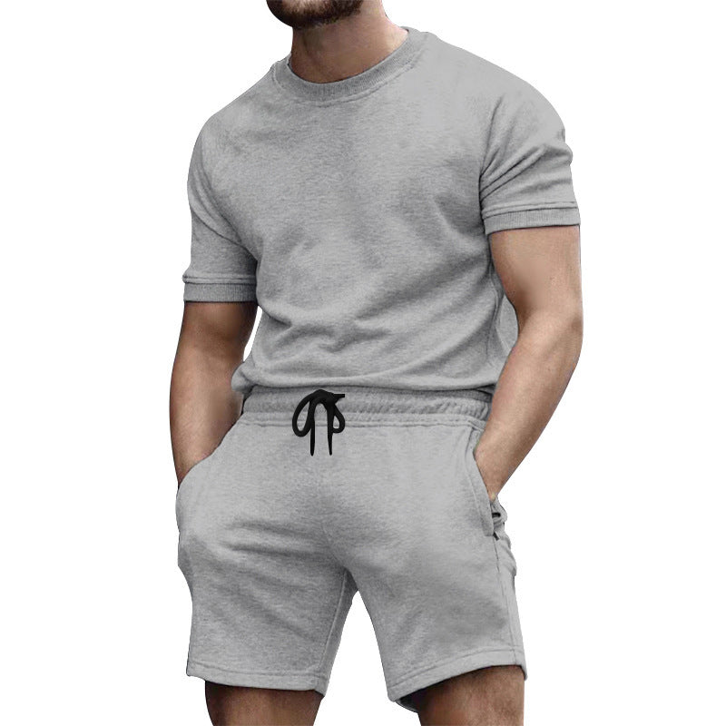 Men's short-sleeve sweat set made of soft sweatshirt fabric with a round neck shirt and drawstring shorts StylebySassy