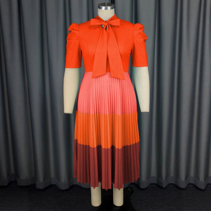 Women Elegant Pleated Dress with Bow Collar StylebySassy
