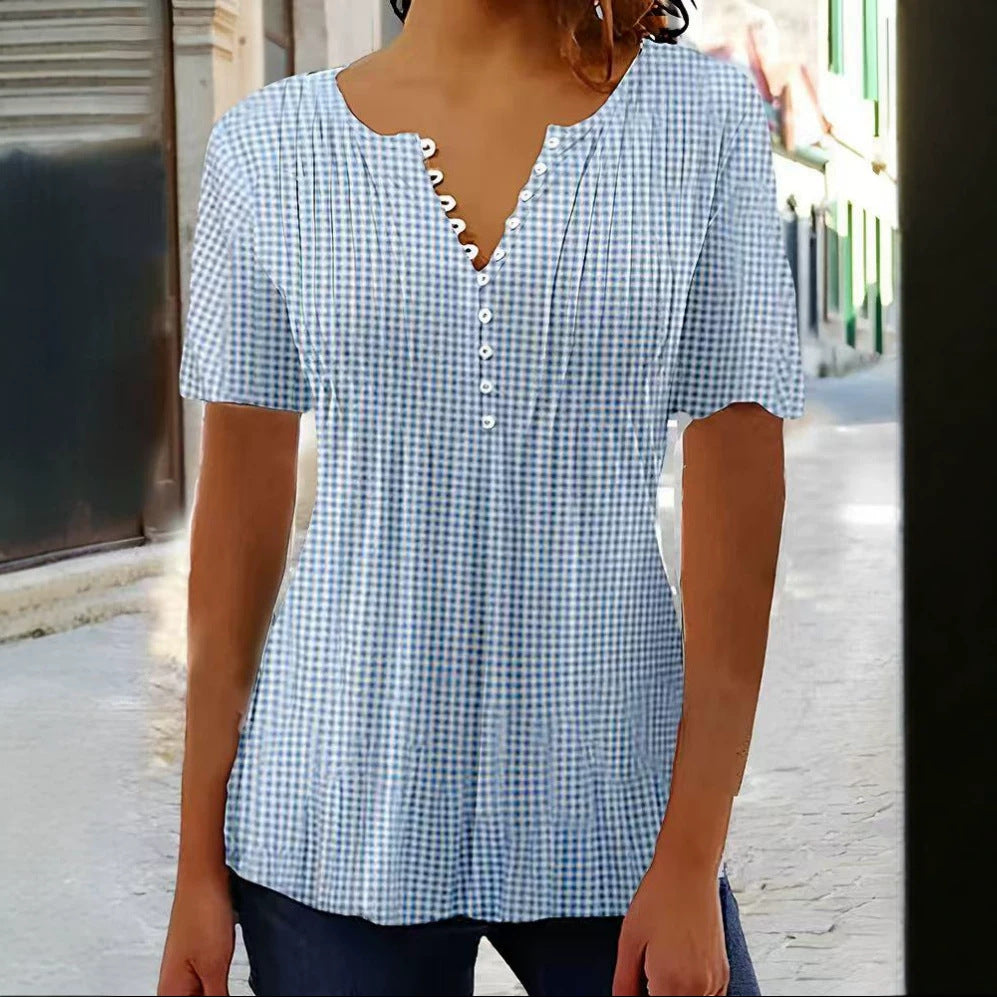 Ladies' lightweight checked blouse with V-neck, decorative button placket and tiered ruffle StylebySassy