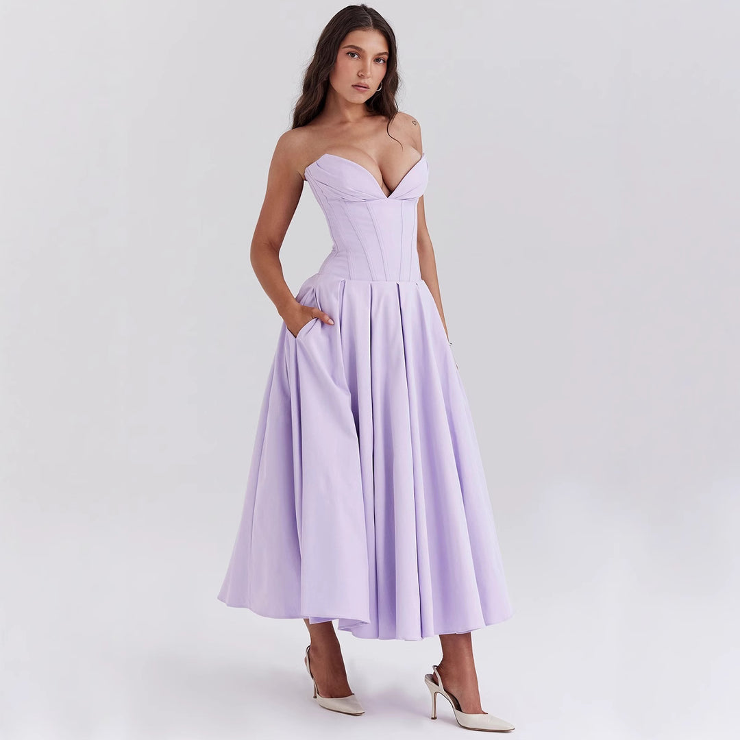 Women's strapless corset midi dress with pre-shaped bodice construction and flared circle skirt StylebySassy