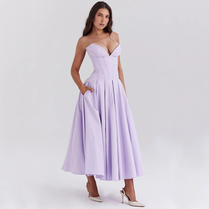 Women's strapless corset midi dress with pre-shaped bodice construction and flared circle skirt StylebySassy