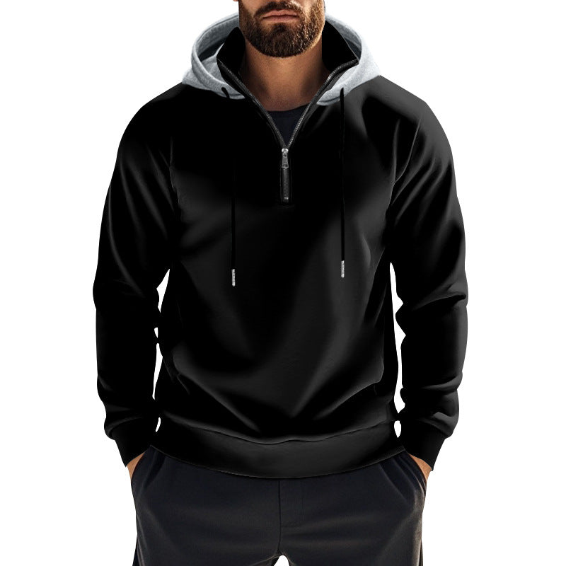Men's sporty hoodie sweatshirt with short front zipper, contrast-lined hood and elastic ribbed cuffs StylebySassy