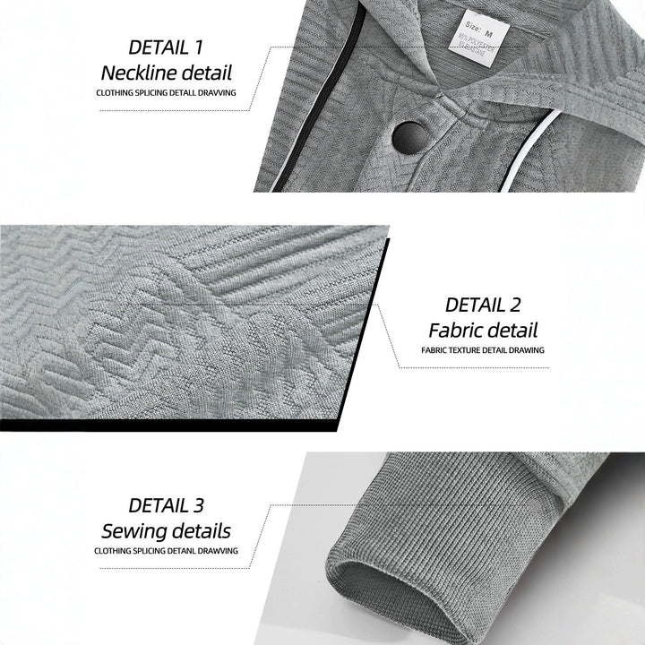 Men's hooded sweatshirt with geometric structure, Henley placket, and kangaroo pocket StylebySassy