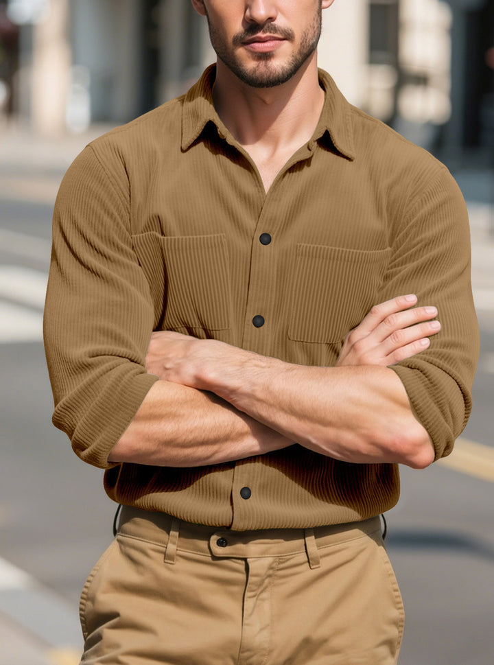Men's textured casual overshirt with fine vertical ribbing, kent collar and patch chest pockets StylebySassy