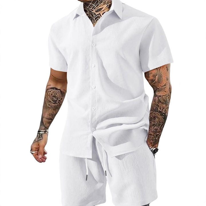 Men's Crinkle Lounge Set with Open Lapel Shirt, Integrated Short Sleeve T-Shirt, and Drawstring Bermuda StylebySassy
