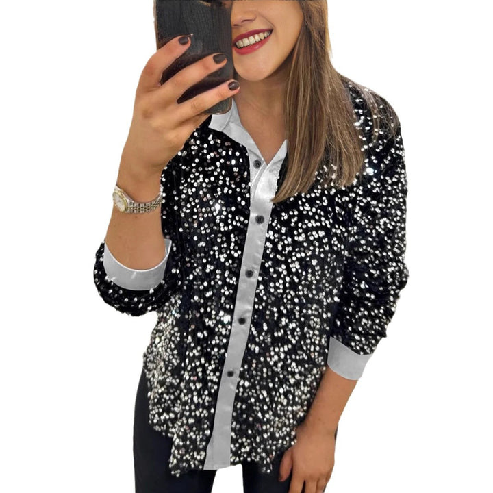 Women's shimmering sequin shirt blouse with collar, button placket, and elastic cuffs StylebySassy