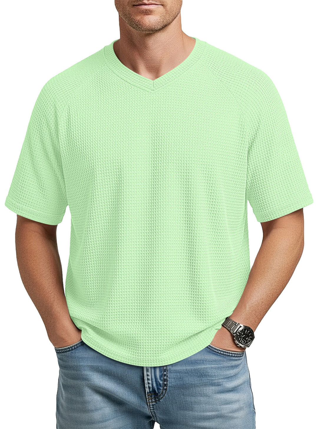 Men's casual V-neck waffle knit T-shirt made of breathable cotton blend StylebySassy