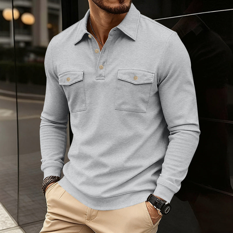Men's fitted long sleeve polo shirt with shirt collar and applied breast pockets StylebySassy