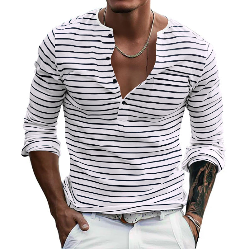 Men's striped long-sleeve shirt with short button placket, round neckline, and subtle chest pocket StylebySassy