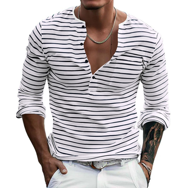 Men's striped long-sleeve shirt with short button placket, round neckline, and subtle chest pocket StylebySassy