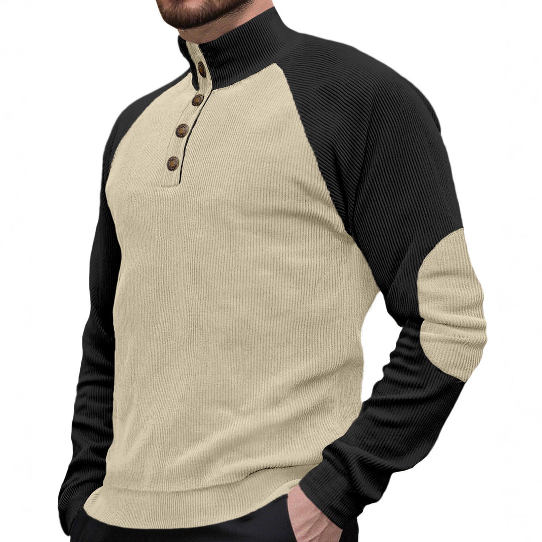 Men's two-tone ribbed troyer with asymmetrical button placket and velour elbow patches StylebySassy