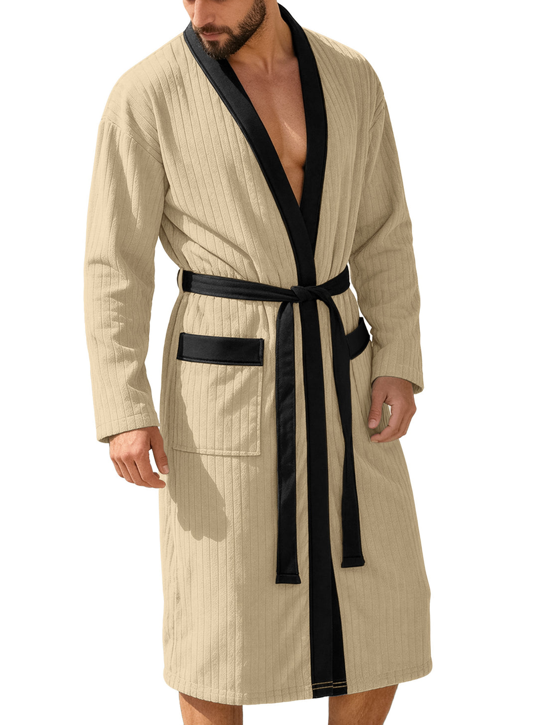 Men's knee-length ribbed kimono-style bathrobe with shawl collar and contrast piping StylebySassy