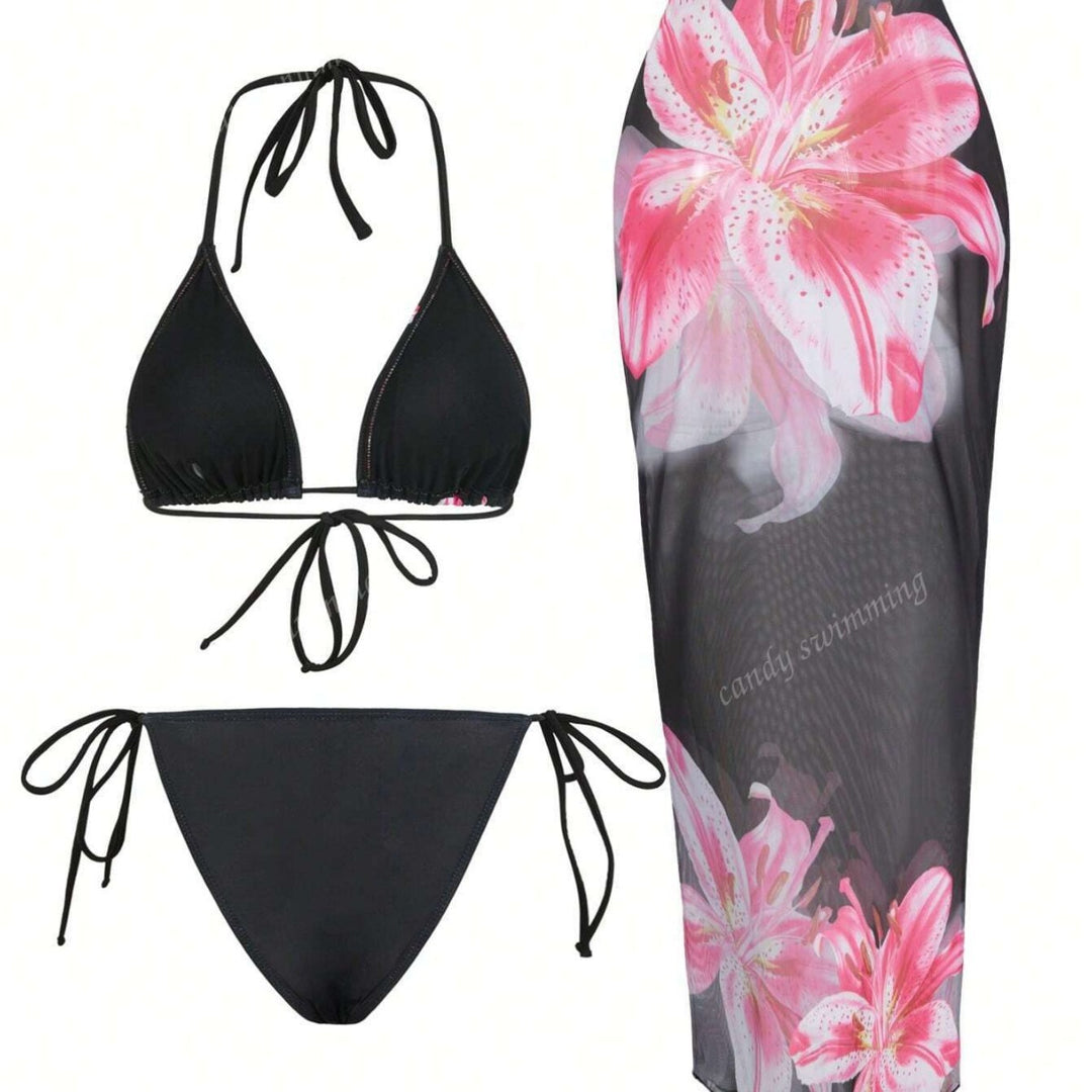 Women's triangle bikini set with floral patterns and transparent maxi skirt StylebySassy