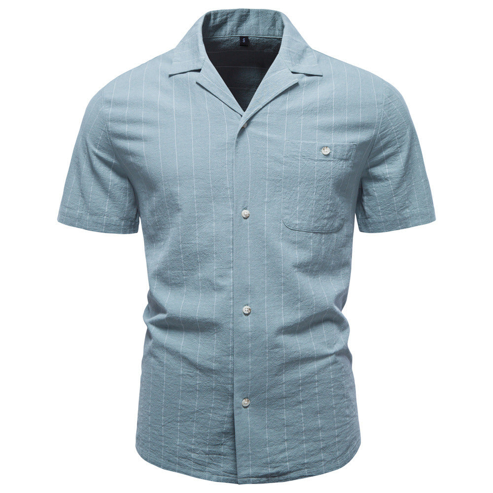 Men's lightweight short-sleeve shirt made of cotton-linen blend with notch collar and fine pinstripes StylebySassy