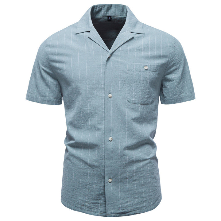 Men's lightweight short-sleeve shirt made of cotton-linen blend with notch collar and fine pinstripes StylebySassy