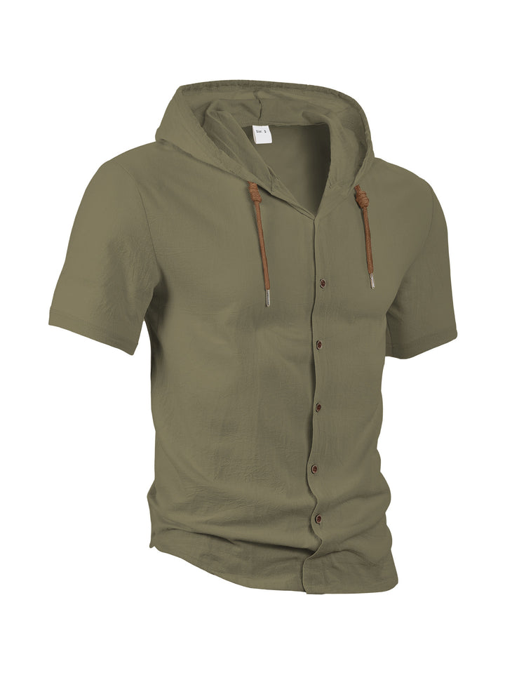 Men's short-sleeved hooded shirt with button placket, drawstring and linen look StylebySassy