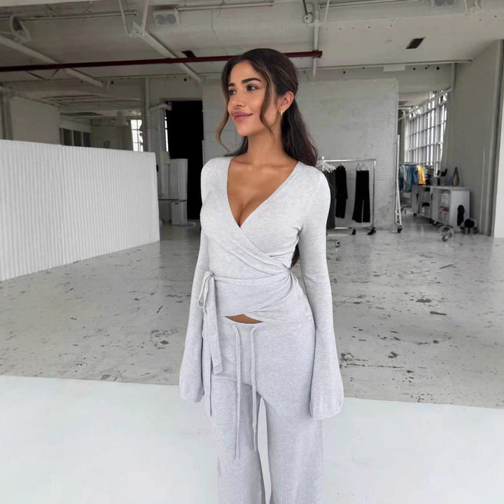 Ladies' fine knit wrap set with deep V-neck, waist tie belt and wide comfort pants StylebySassy